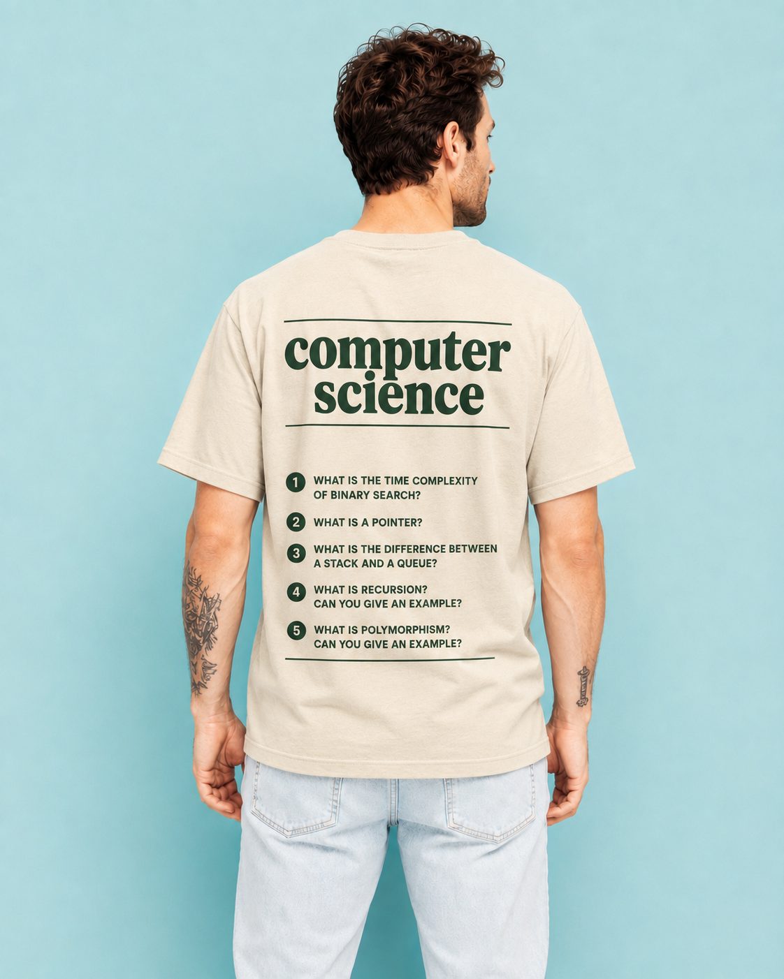 Back of the Computer Science What's Your Major shirt, cream cotton with forest green print